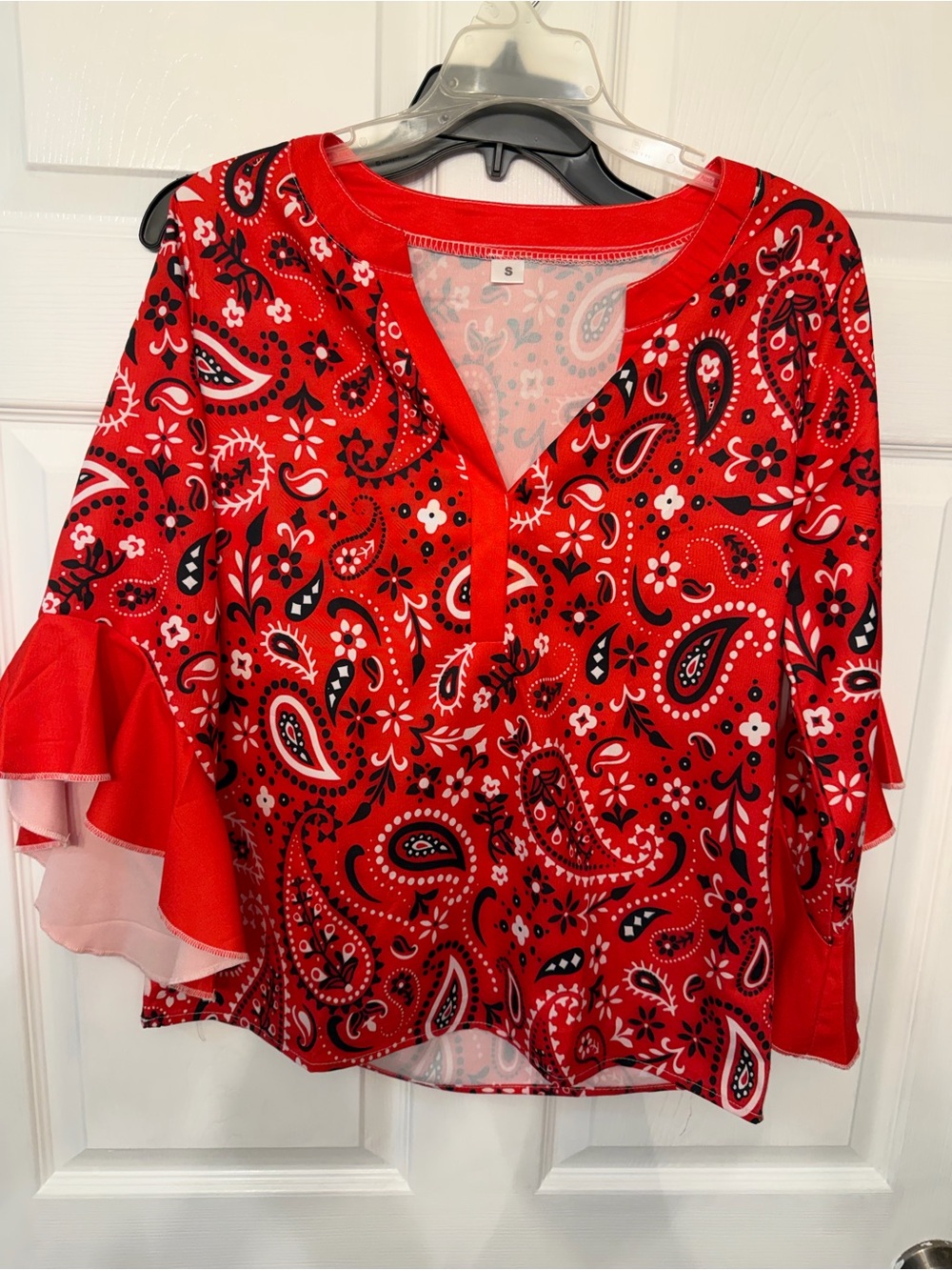 Red Paisley Ruffle Sleeve Women's Top
